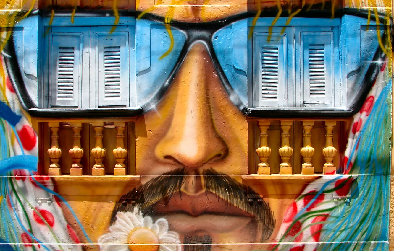 Photo wallpaper wall, graffiti, window, nose, mouth, flower art, whiskers, glasses Sun
