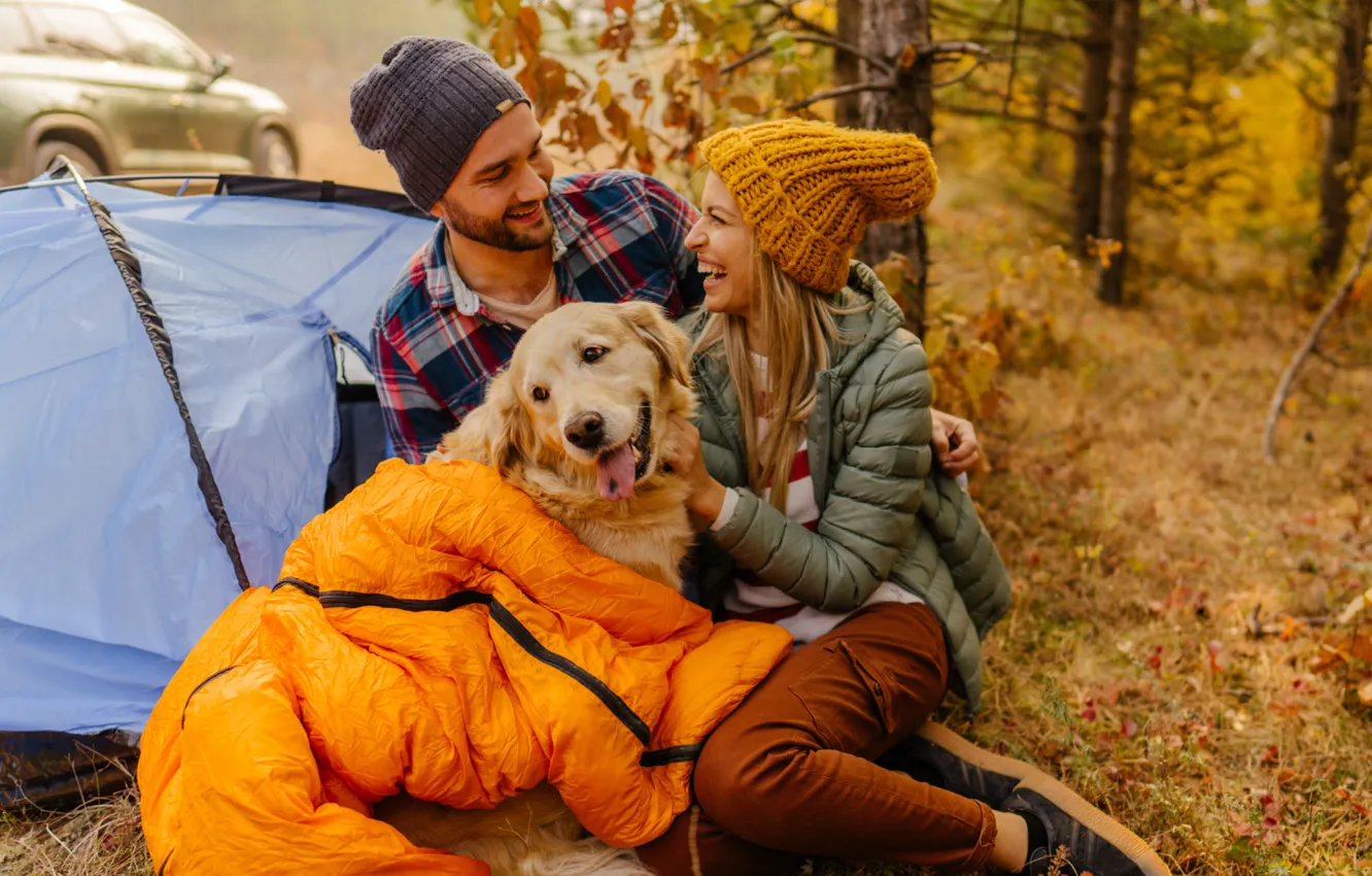 Photo wallpaper Nature, Girl, Dog, Autumn, Smile, Girl, Guy, Nature