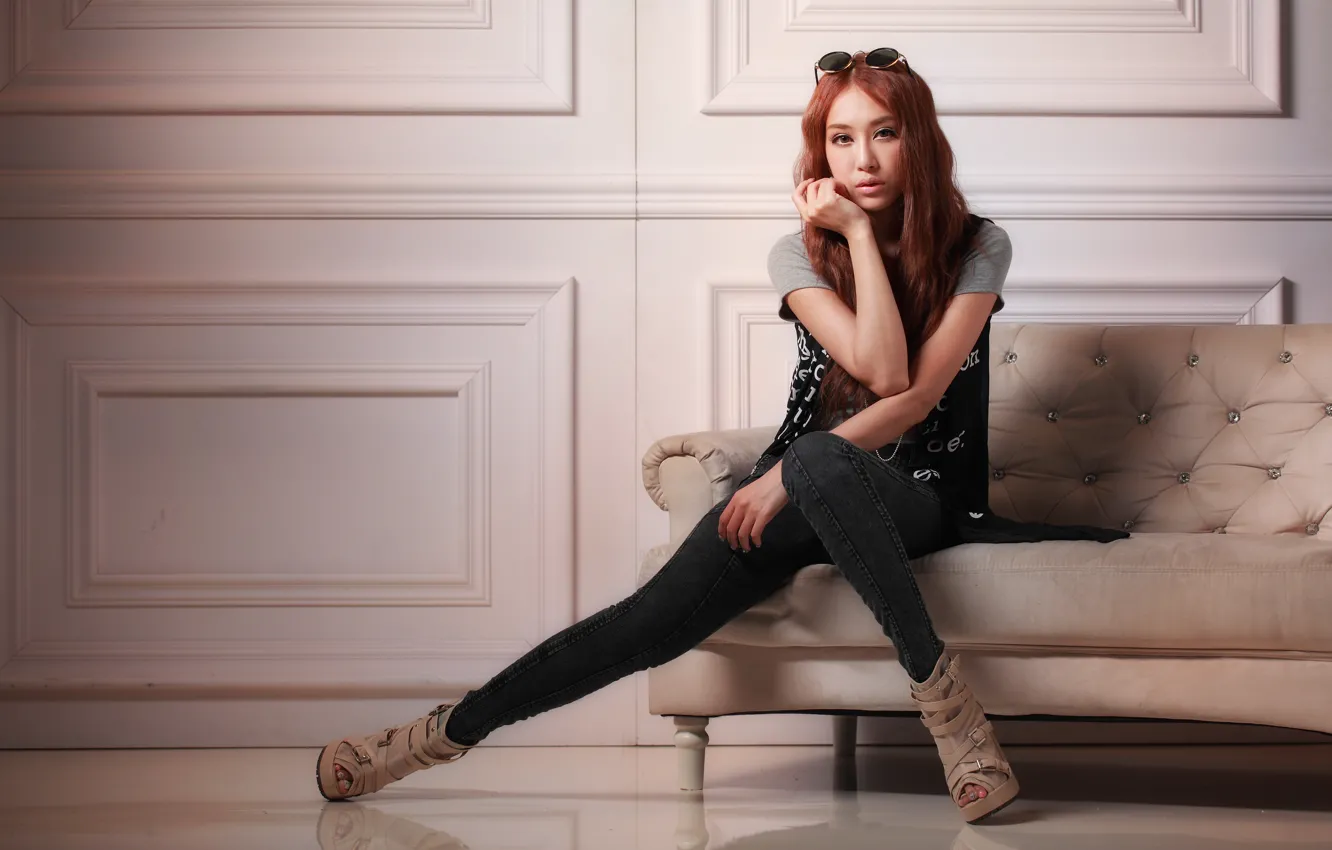 Photo wallpaper reflection, sofa, glasses, shoes, Asian