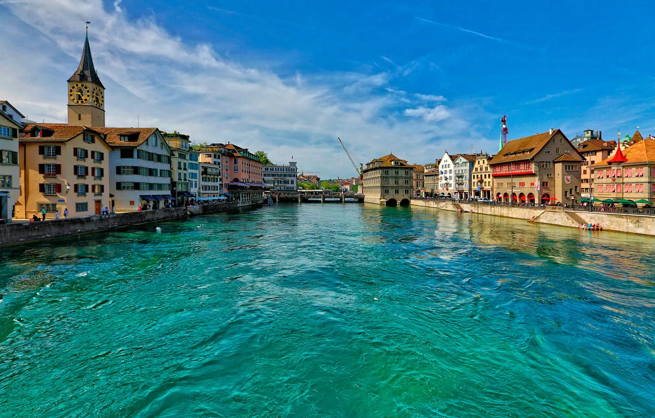 Photo wallpaper the sky, river, tower, home, Switzerland, promenade, Zurich, Limmat