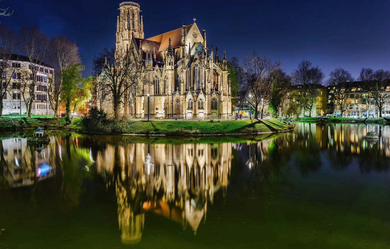 Photo wallpaper the sky, night, lights, pond, home, Church, Cathedral