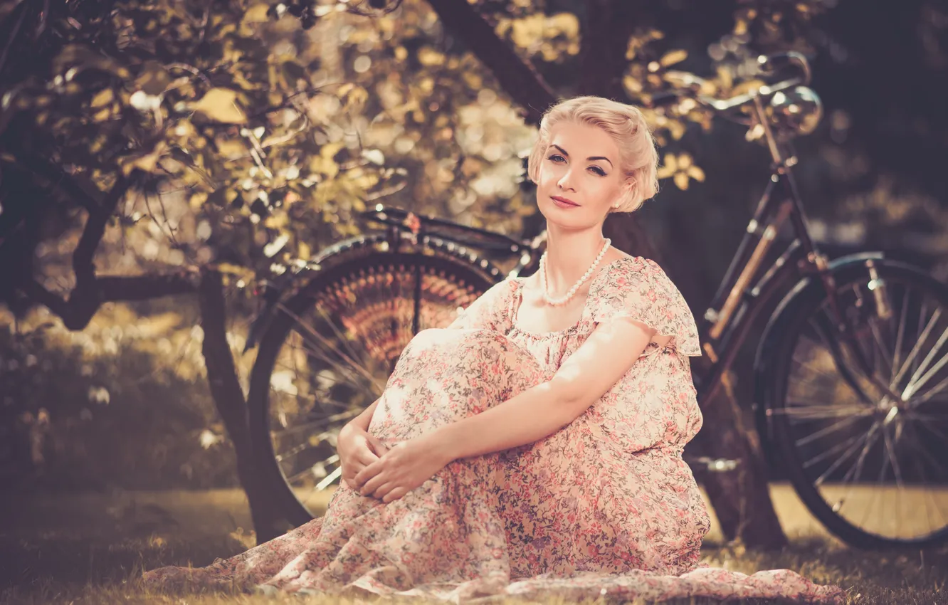 Photo wallpaper girl, bike, retro, foliage, dress, blonde
