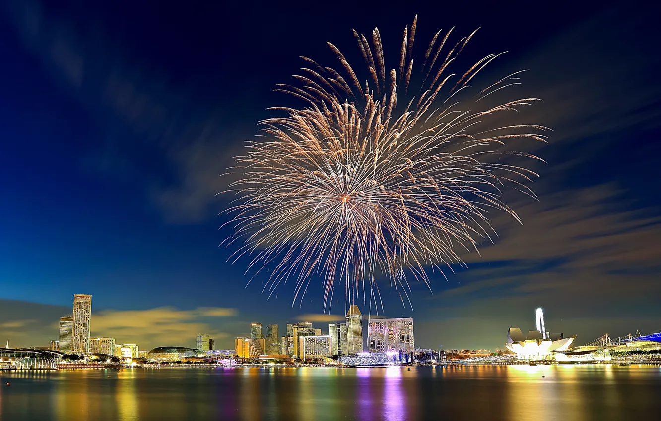 Photo wallpaper sea, the sky, clouds, landscape, lights, home, salute, fireworks