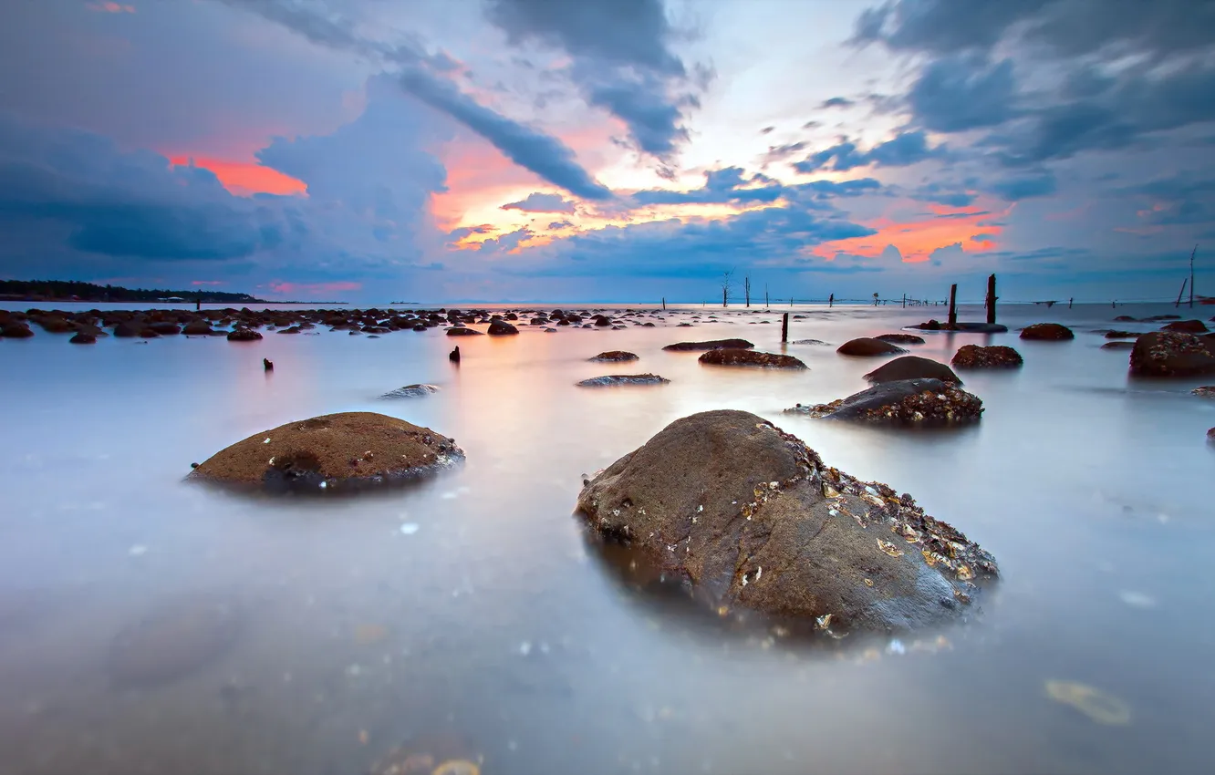 Photo wallpaper sea, sunset, stones