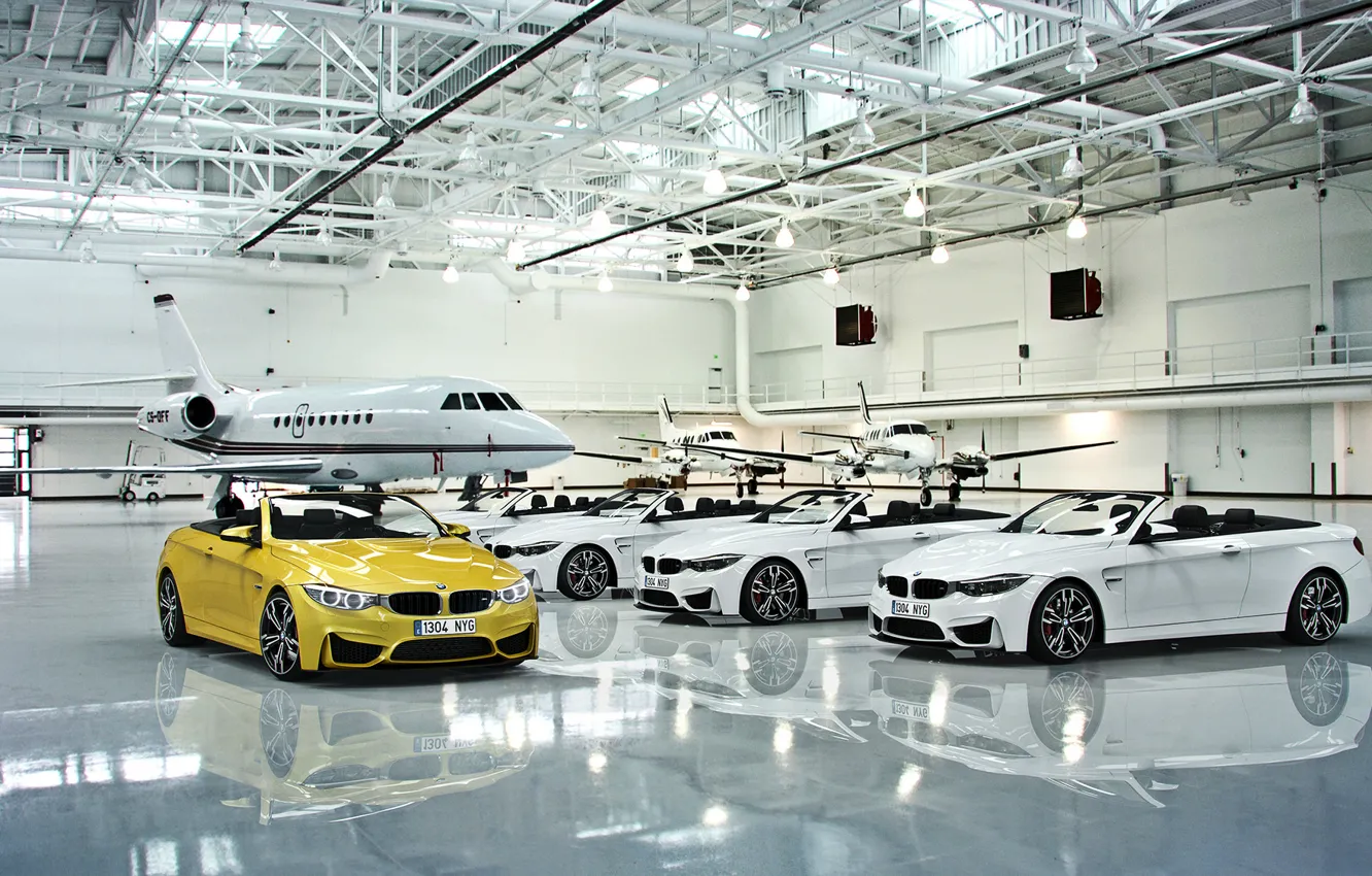 Photo wallpaper BMW, Cars, White, Yellow, Cabrio, Hangar, Plane