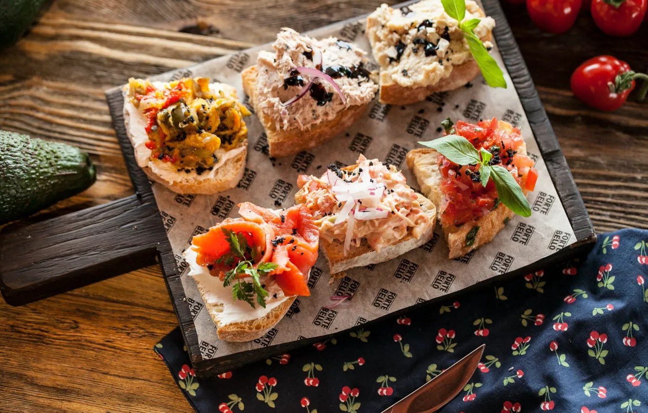 Photo wallpaper food, fish, bread, vegetables, tomatoes, avocado, sandwiches, cutting Board
