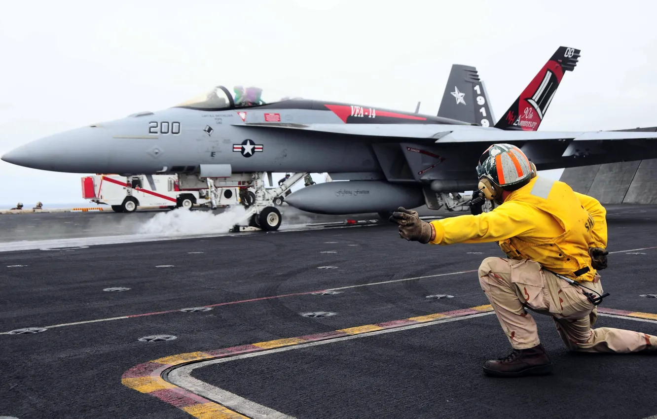 Photo wallpaper fighter, deck, the rise, Super Hornet, F-18, deck, Adjuster