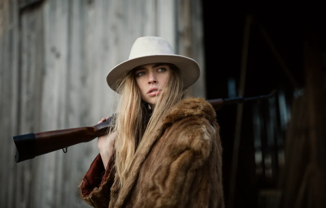Photo wallpaper look, girl, face, hat, fur, rifle, Marta
