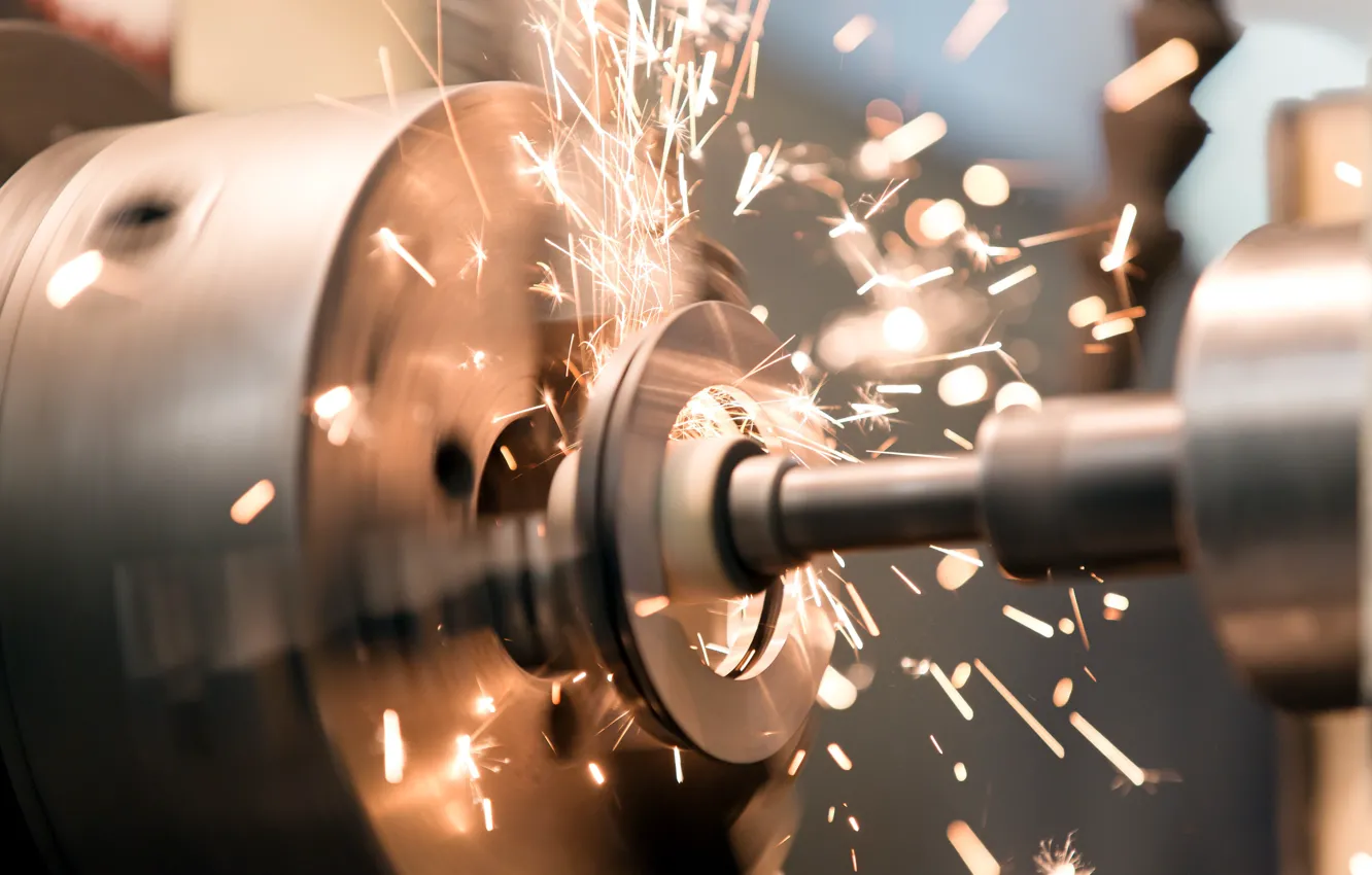 Photo wallpaper metal, sparks, lathe, metalworking
