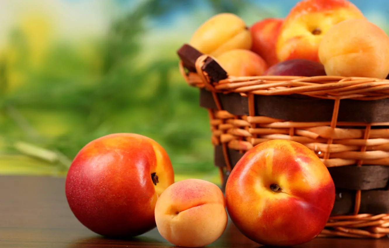 Photo wallpaper basket, fruit, peaches, fruit, apricots, nectarine, peaches, apricots