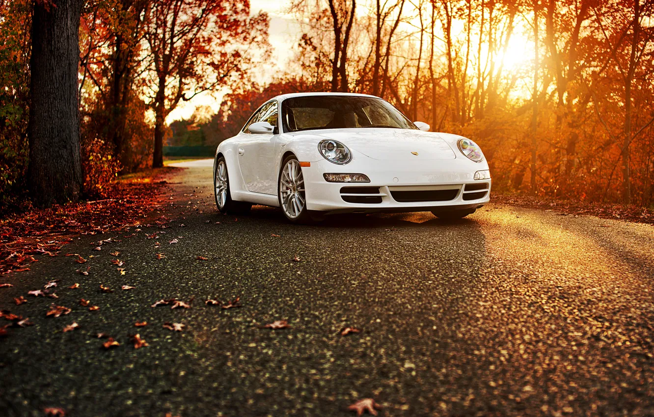 Photo wallpaper autumn, white, 911, Porsche, Porsche 911 Carrera S