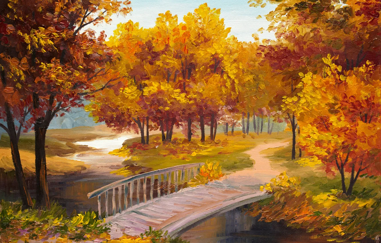 Photo wallpaper autumn, trees, river, the bridge, time of the year