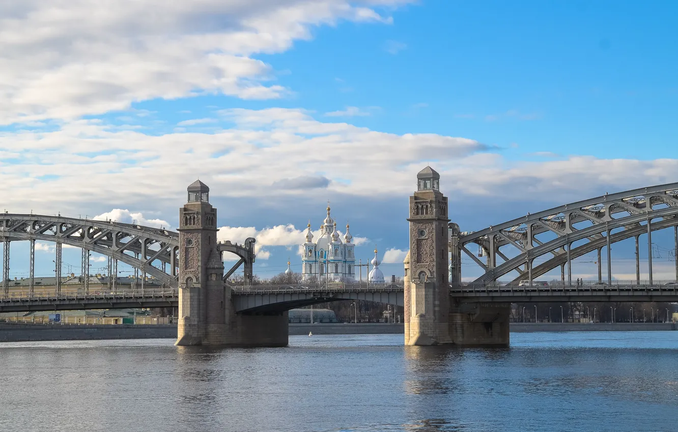 Photo wallpaper bridge, the city, river, Peter, Saint Petersburg, Smolny Cathedral, Neva