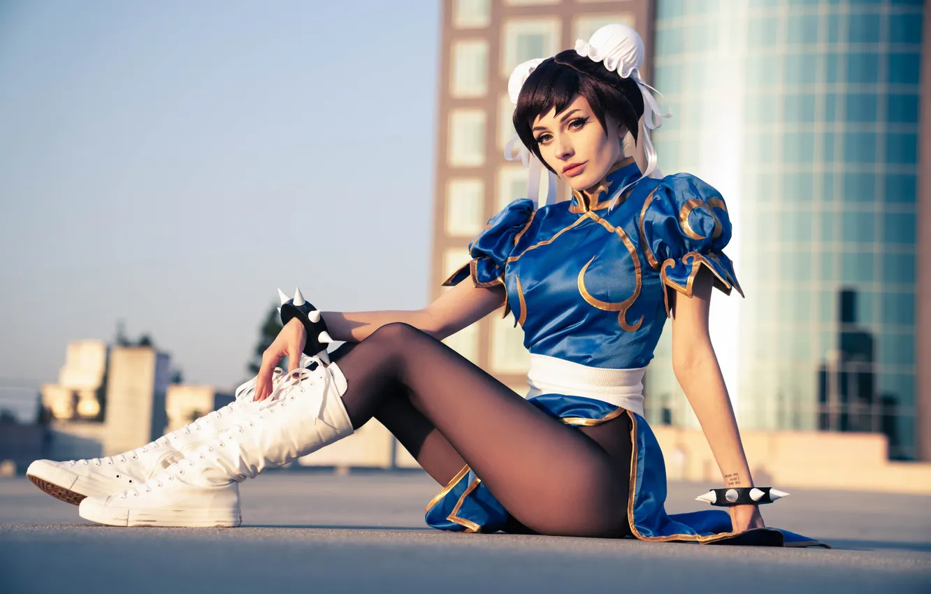 Photo wallpaper model, women, cosplay, Street Fighter, Chun-Li, pantyhose, boots, video games