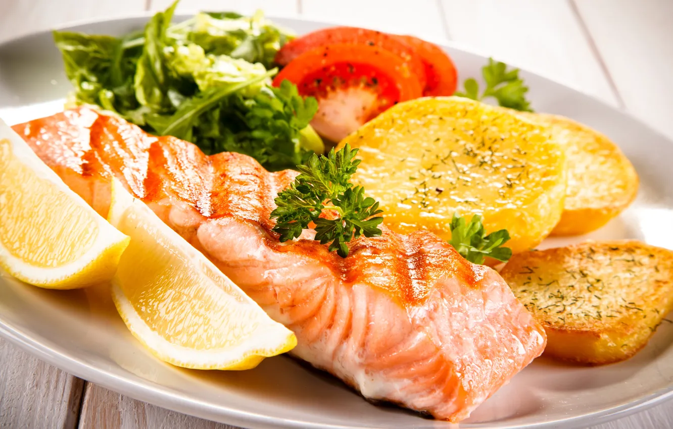 Photo wallpaper Fish, Vegetables, Food, Potatoes, Lemons, Main Dishes