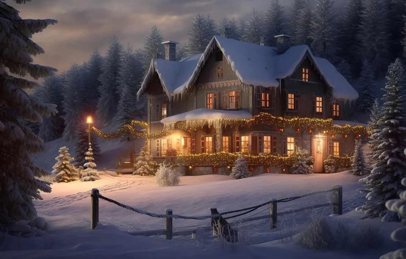 Photo wallpaper winter, snow, night, lights, new year, frost, Christmas, hut