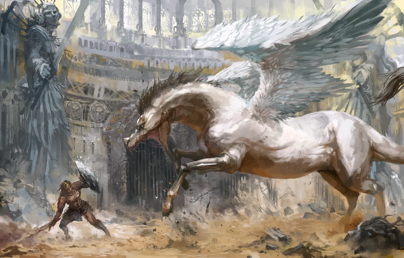 Photo wallpaper horse, wings, monster, sword, battle, warrior, shield, arena