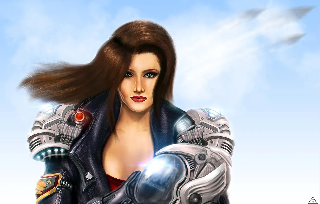 Photo wallpaper the sky, girl, hair, art, costume, helmet