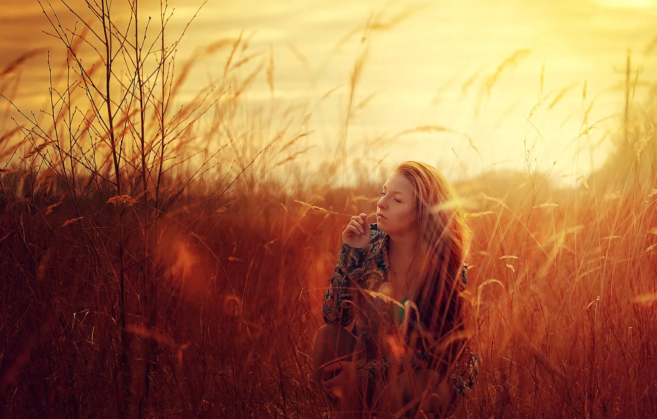 Photo wallpaper girl, sunset, nature