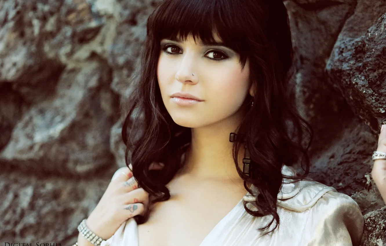 Photo wallpaper look, stones, wall, rocks, earrings, piercing, brunette, tattoo