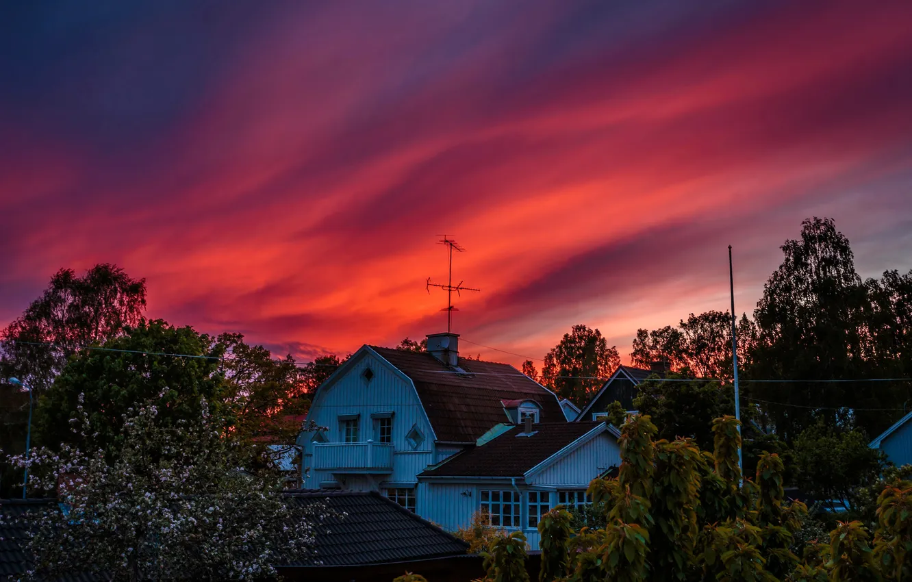 Photo wallpaper the sky, trees, sunset, home, the evening, glow, Sweden, Arvika