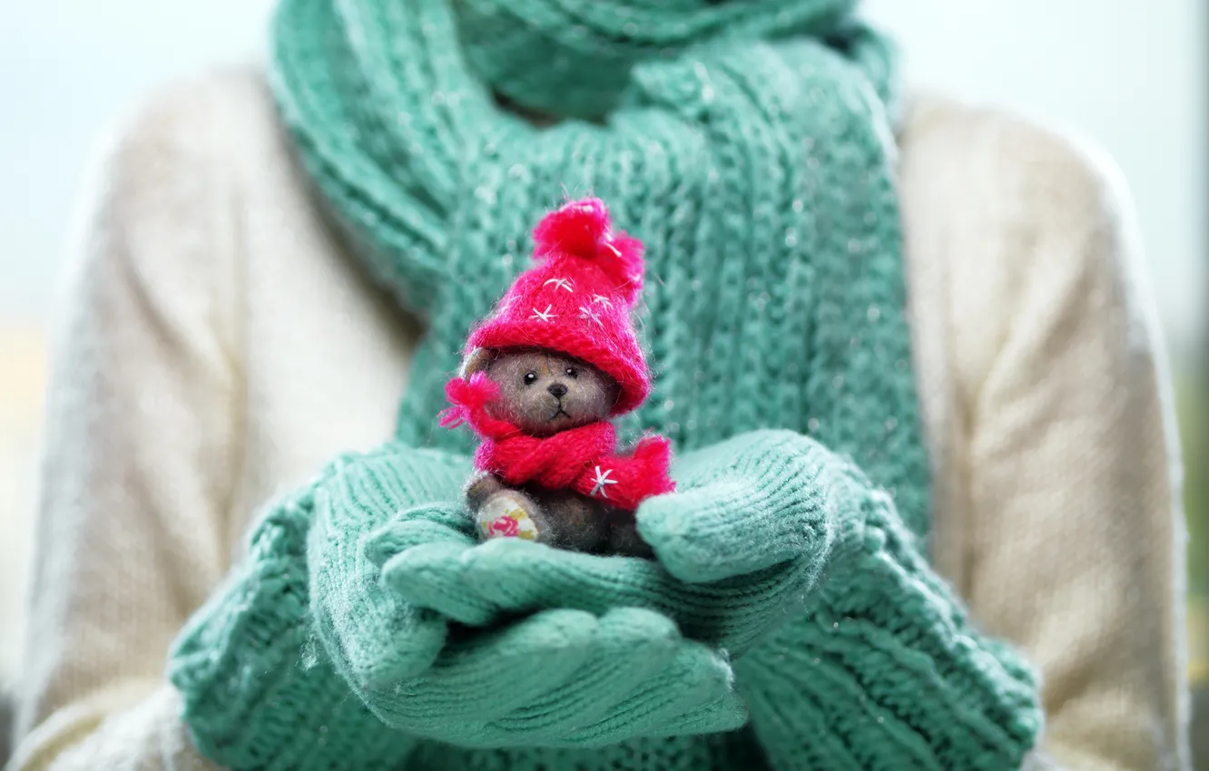 Photo wallpaper winter, toy, hands, toy, winter, mittens, hands, cute
