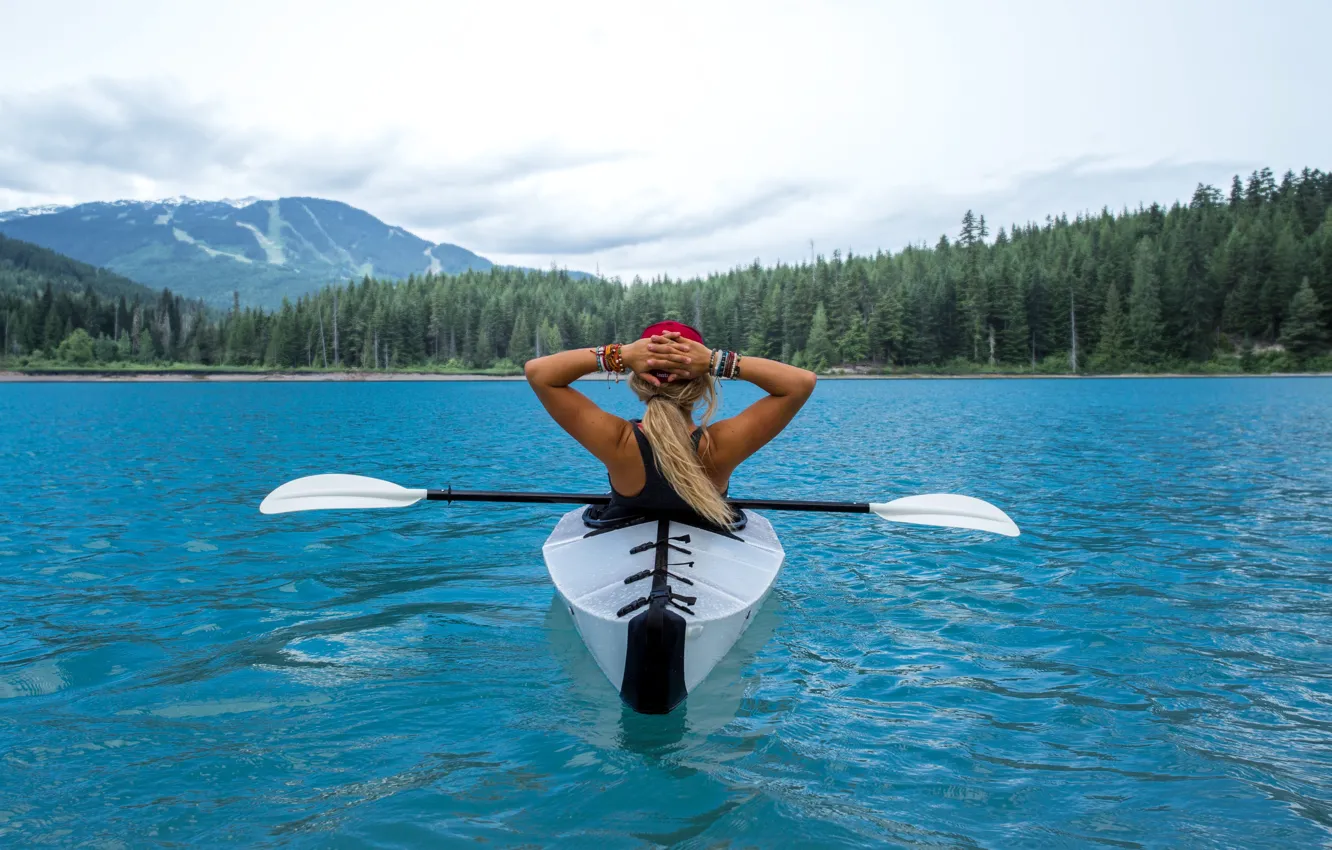 Photo wallpaper forest, mountains, river, blonde, relaxation, kayak