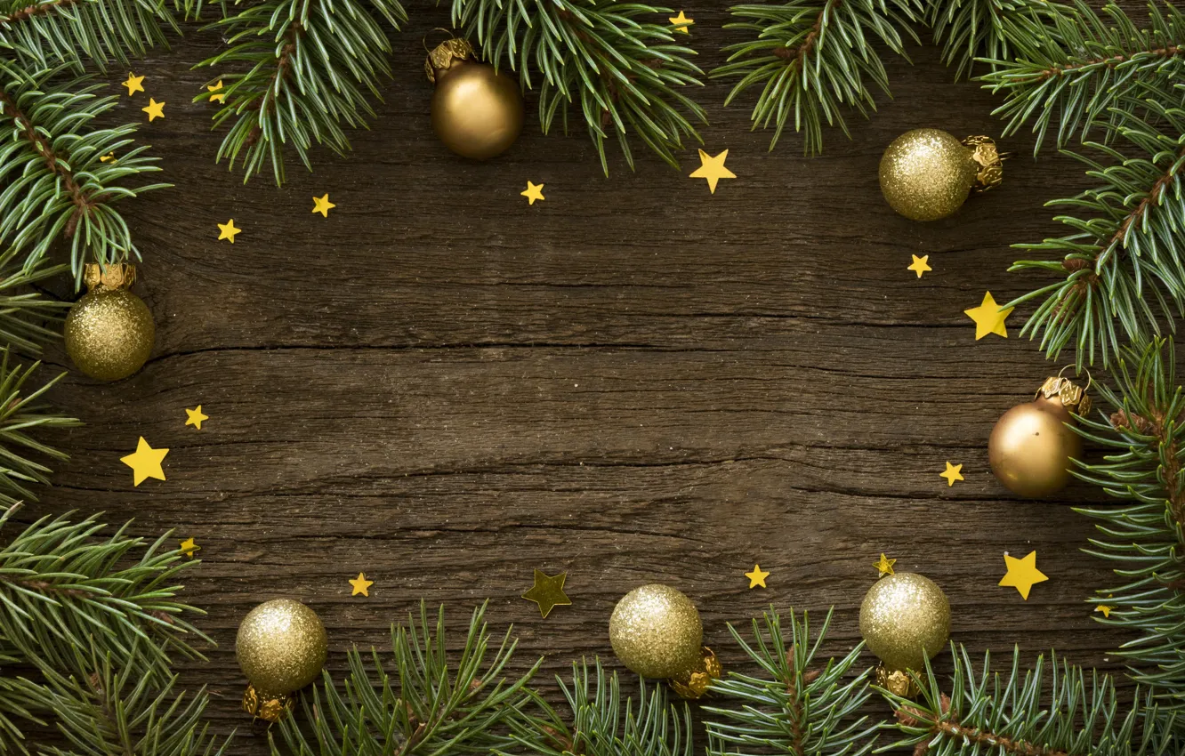 Photo wallpaper decoration, balls, Christmas, New year, golden, christmas, balls, wood