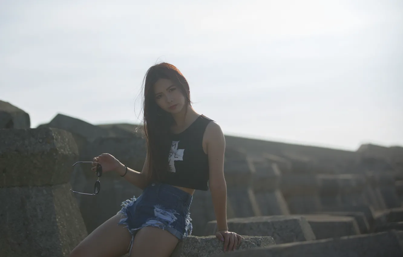 Photo wallpaper style, shorts, girl, glasses, summer, face, Asian
