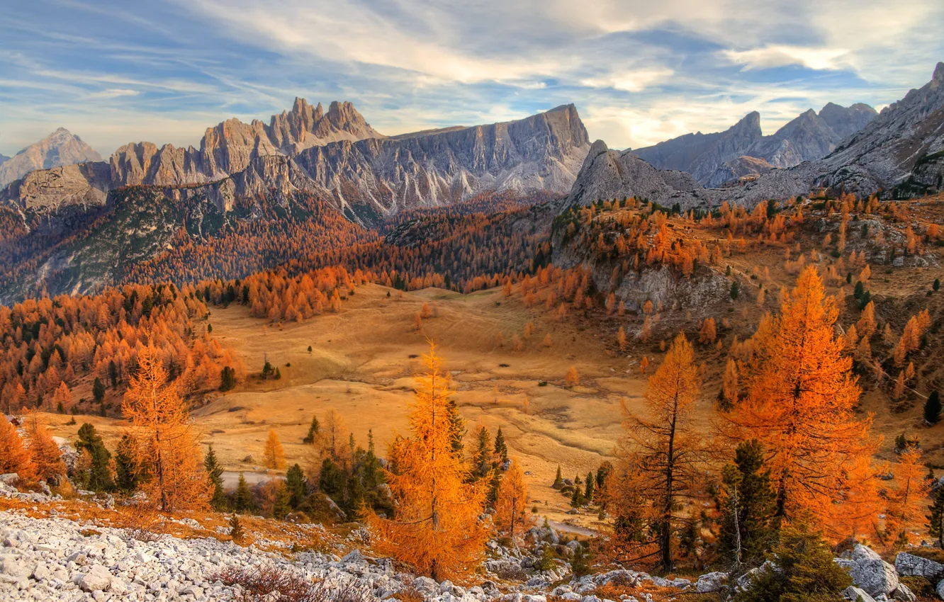 Photo wallpaper autumn, October, The Dolomites, Cinque Torri