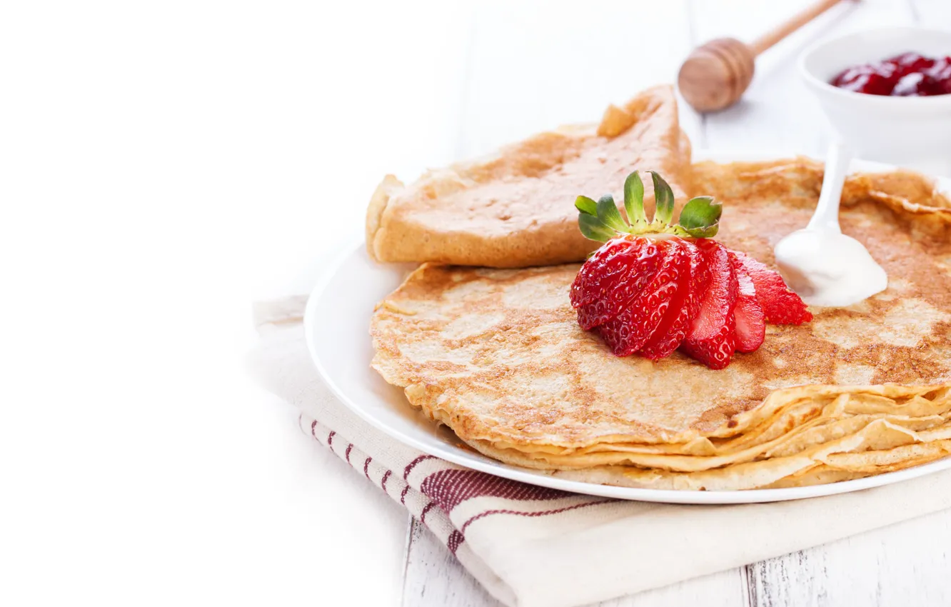 Photo wallpaper food, Breakfast, strawberry, pancakes, jam, sour cream