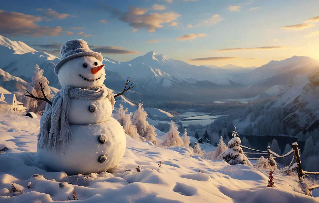 Photo wallpaper winter, snow, nature, new year, Christmas, snowman, AI art, neural network