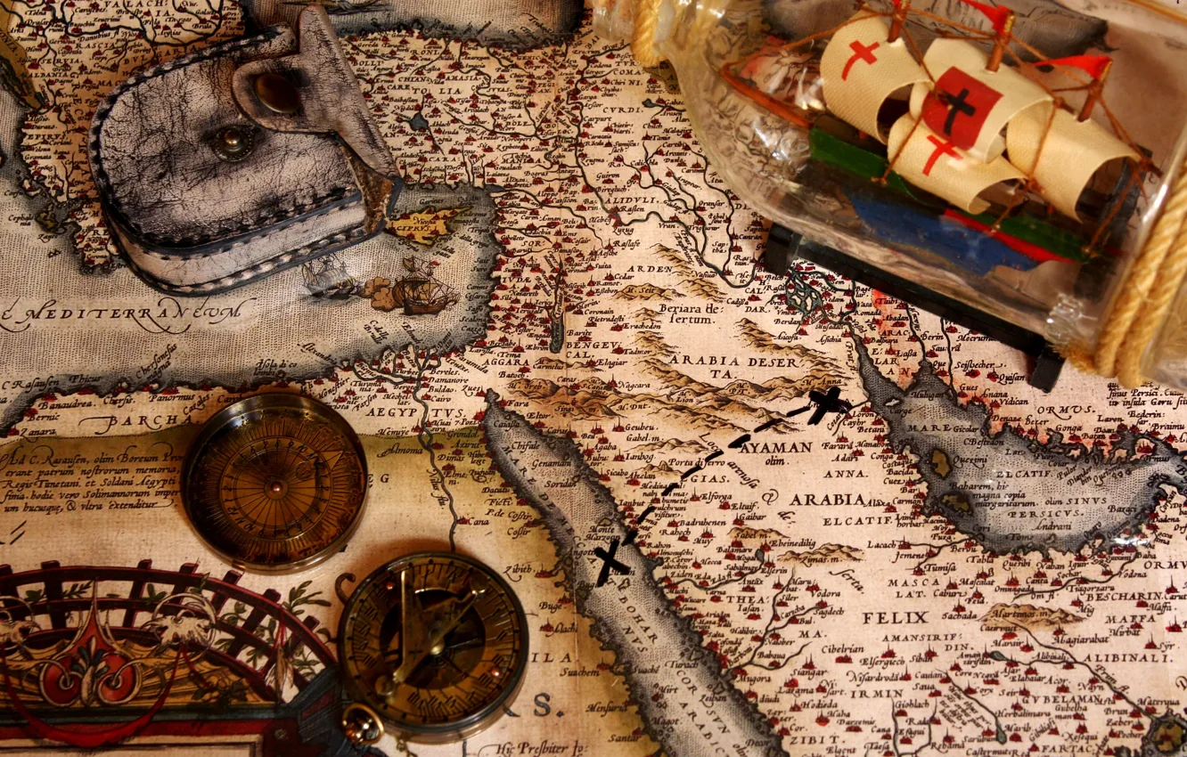 Photo wallpaper bottle, map, sailboat, treasure, treasures, adventure, compass, case