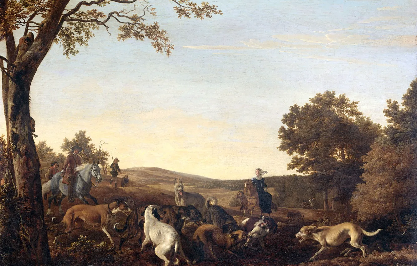 Photo wallpaper landscape, oil, picture, canvas, Fox hunting, 1679, Ludolf Leenderts de Jong, Ludolf Leendertsz de Jongh