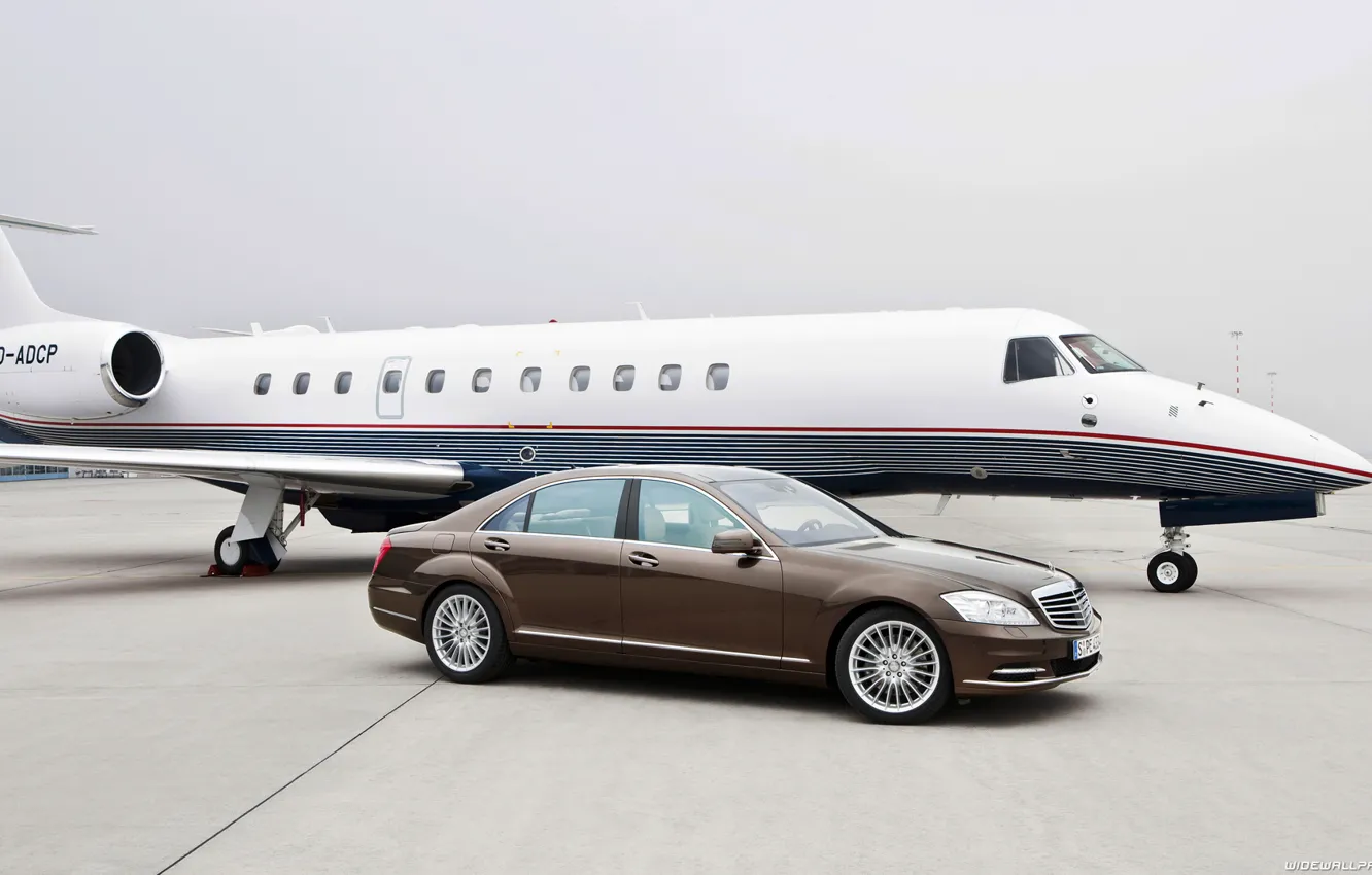 Photo wallpaper car, machine, Mercedes, plane, S-Class, car and plane