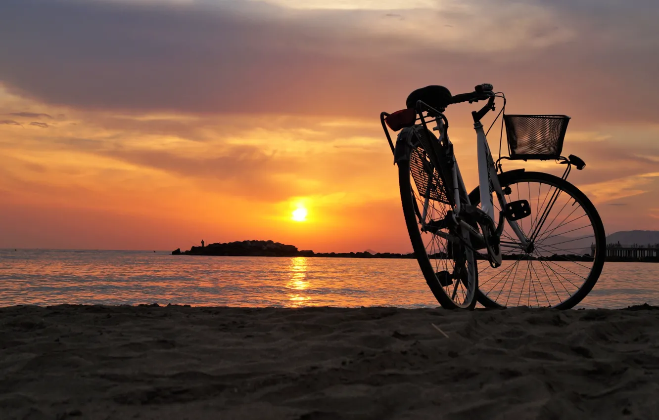 Photo wallpaper sea, beach, bike, the evening