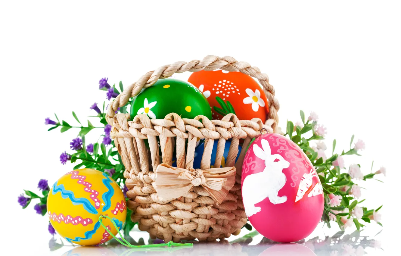 Photo wallpaper eggs, Easter, white background, flowers, basket