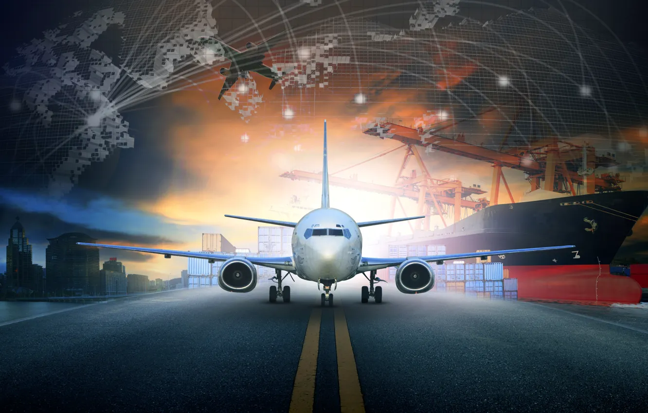 Photo wallpaper night, the city, ship, crane, port, container, the plane, runway