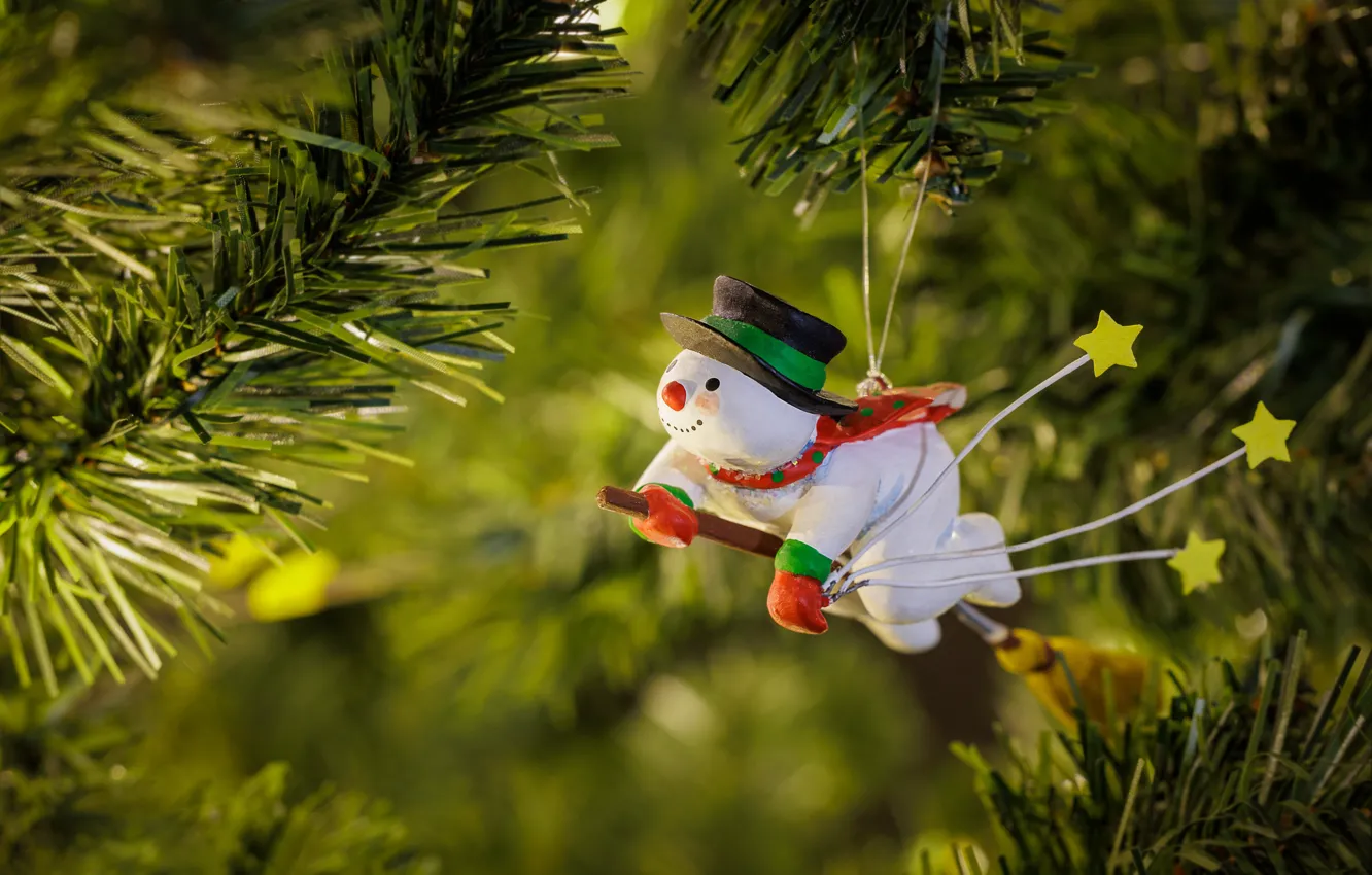 Photo wallpaper flight, branches, new year, Christmas, snowman, broom, herringbone, needles
