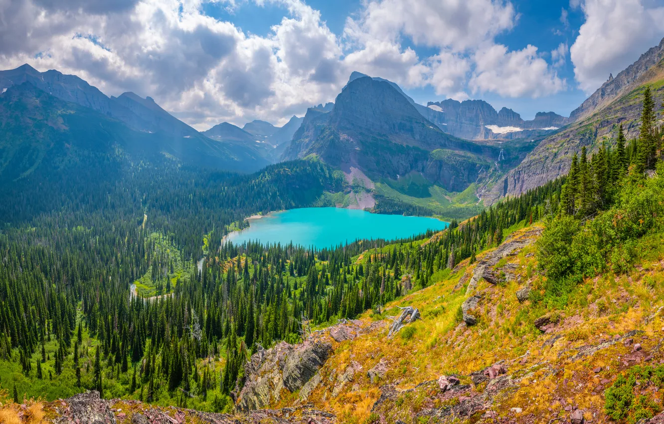 Photo wallpaper clouds, mountains, lake, Montana, USA, Glacier National Park