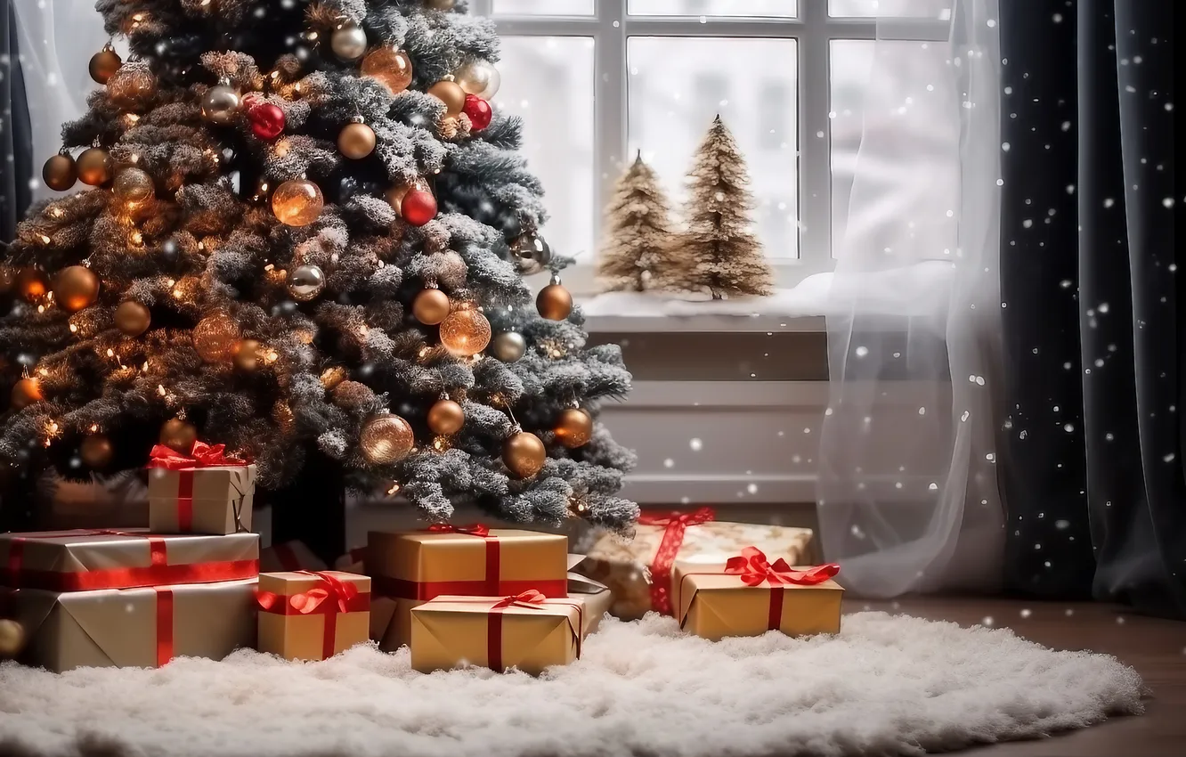 Photo wallpaper decoration, room, gift, tree, new year, interior, Christmas, Christmas
