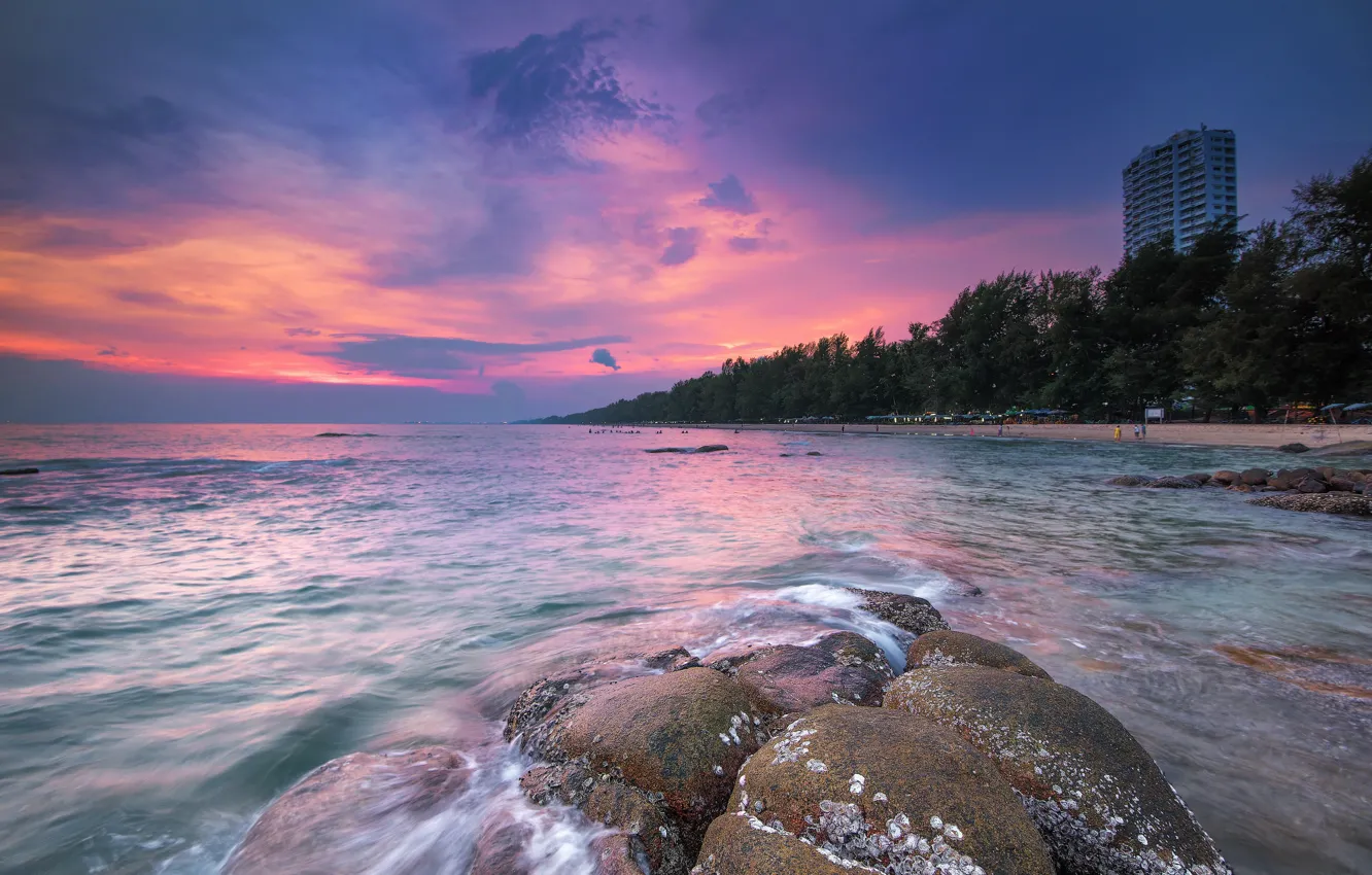 Photo wallpaper sea, wave, beach, summer, the sky, sunset, stones, shore