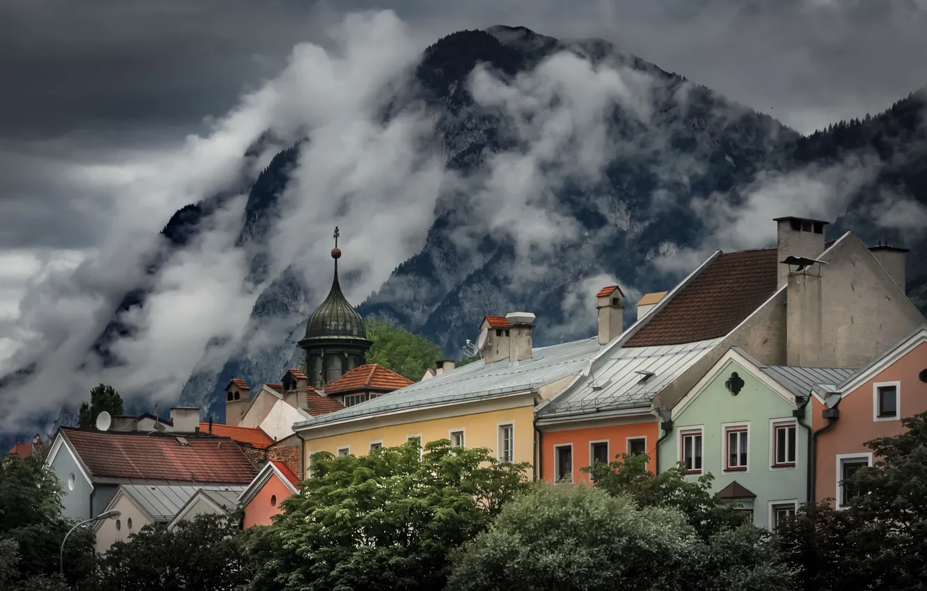 Photo wallpaper clouds, mountains, the city, home, Austria, Tyrol, Innsbruck