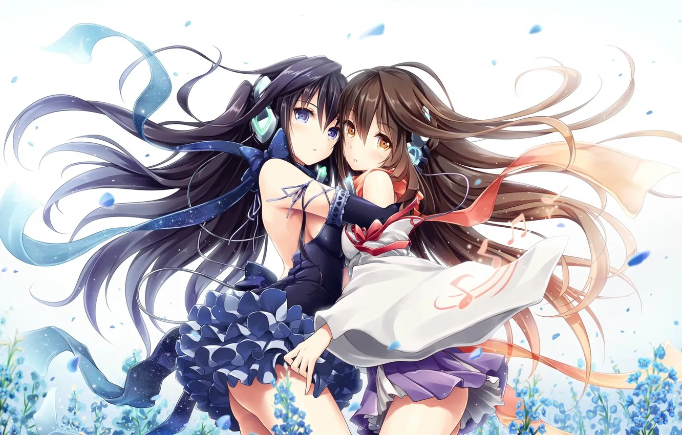 Photo wallpaper look, girl, flowers, surprise, headphones, hugs, art, akkijin