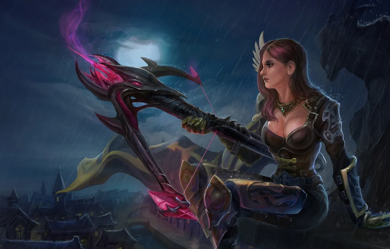 Photo wallpaper girl, night, the city, weapons, rain, the moon, art, hunter