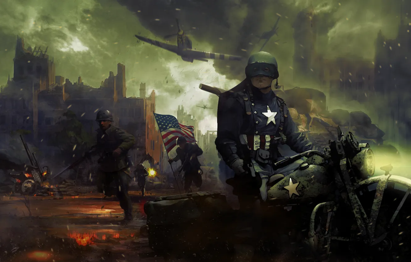Photo wallpaper the city, war, motorcycle, ruins, Captain America, Steve Rogers, Captain America: The First Avenger