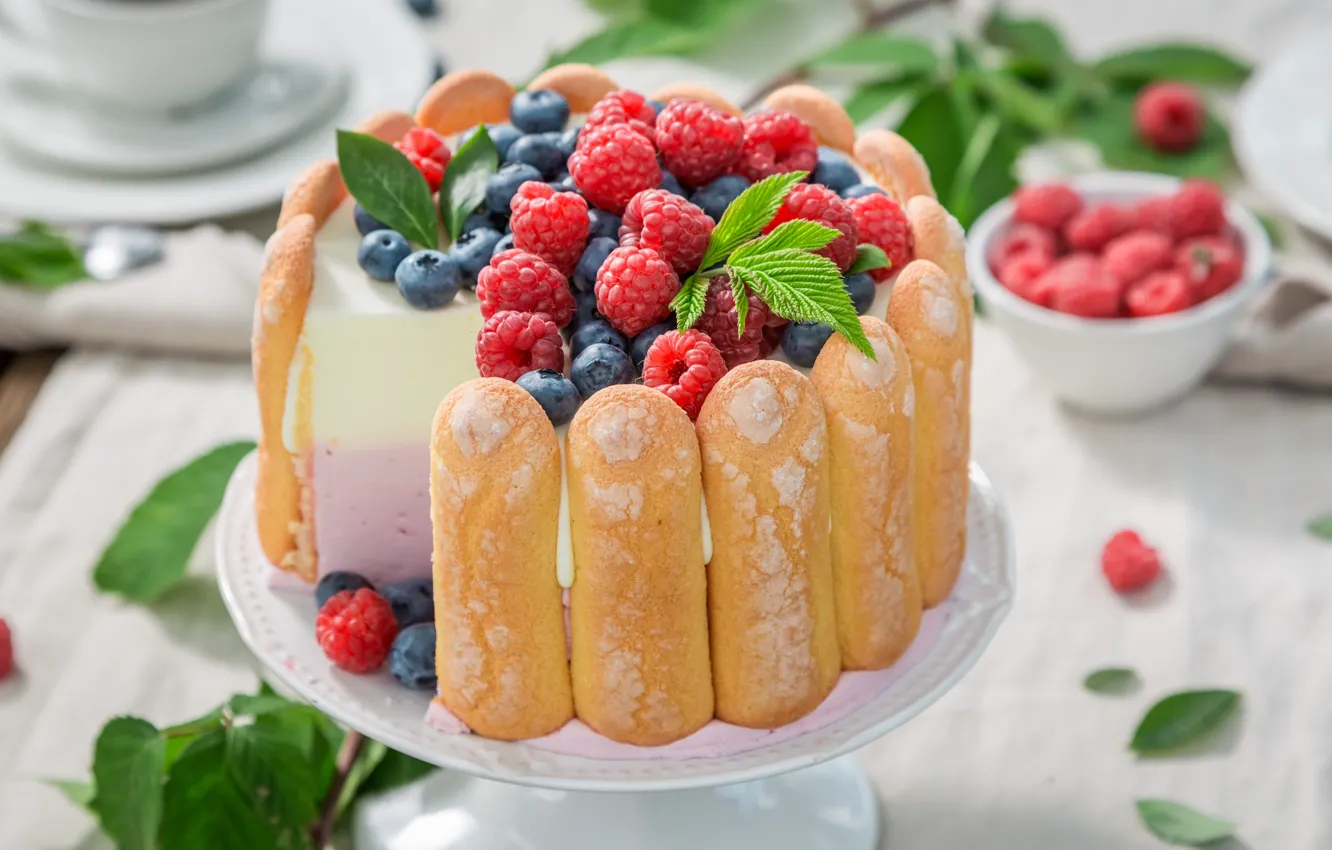 Photo wallpaper berries, raspberry, cookies, blueberries, cake, cream, dessert, souffle