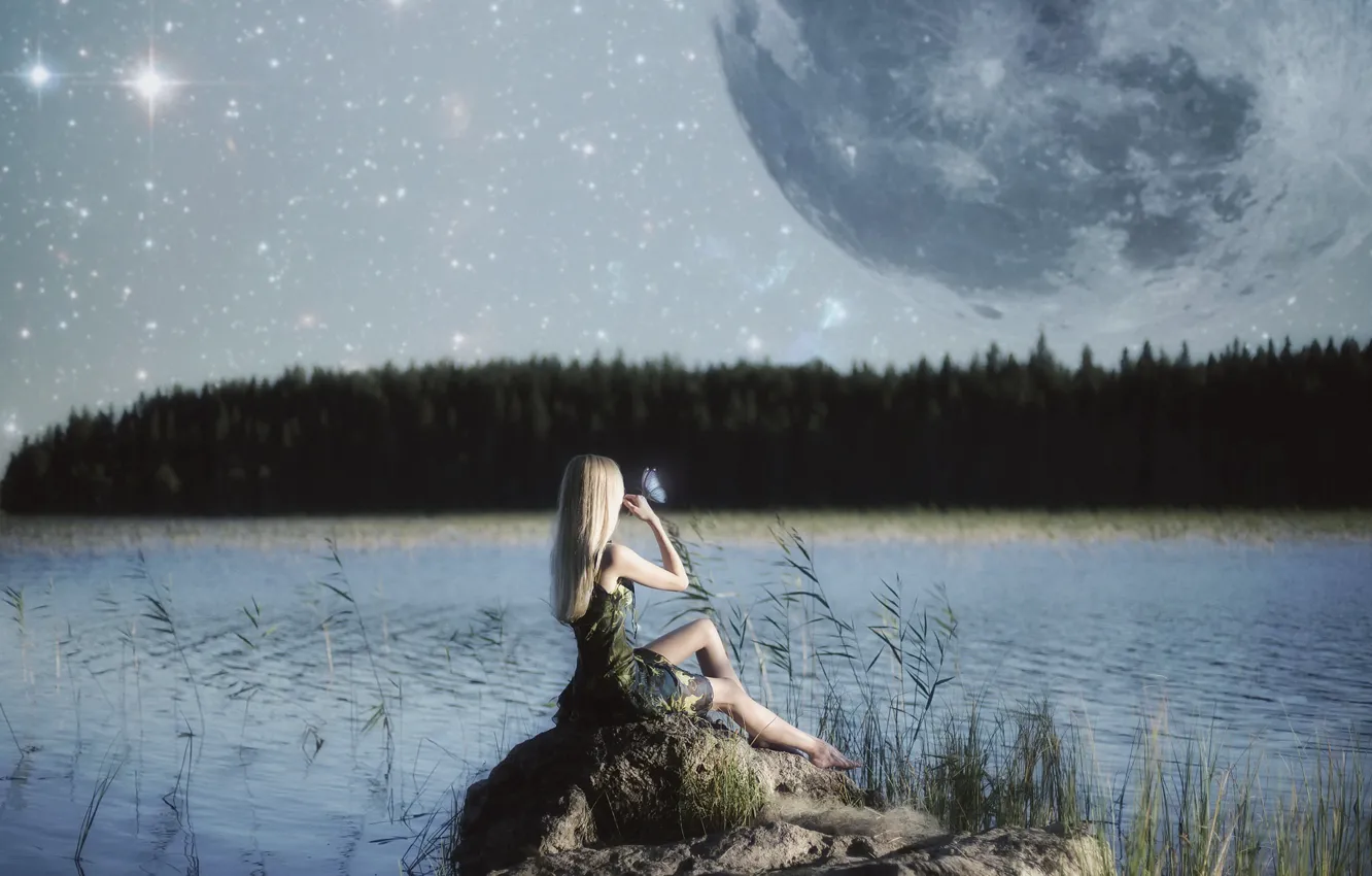 Photo wallpaper girl, lake, the moon