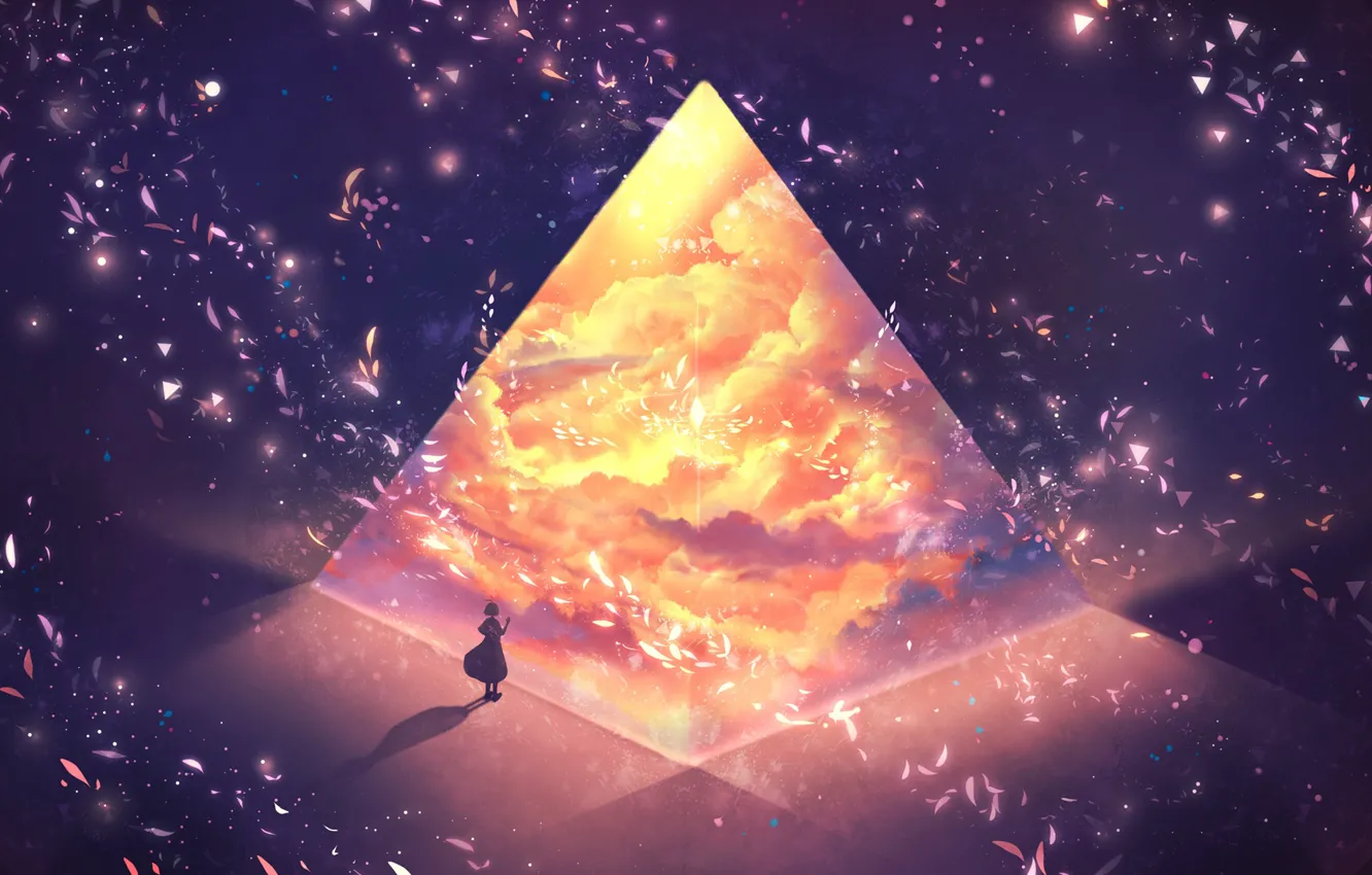 Photo wallpaper girl, clouds, fantasy, pyramid