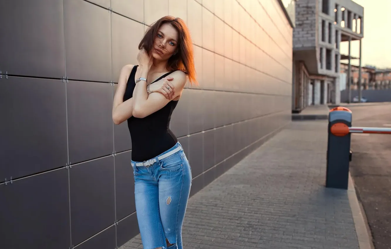 Photo wallpaper girl, street, pretty, jeans, redhead, cute, t-shirt